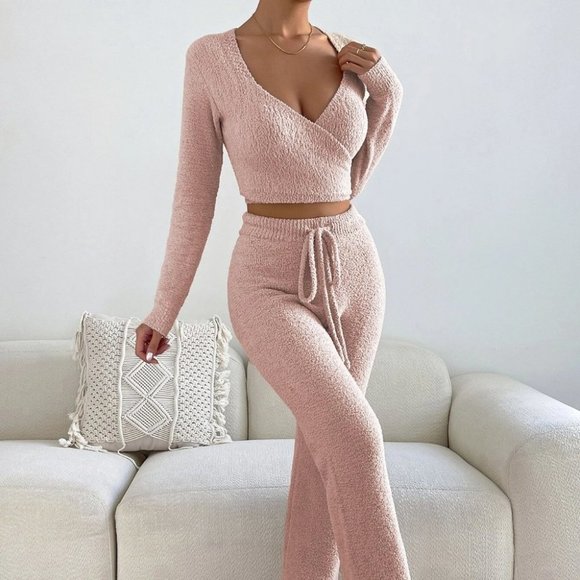 Baby Pink Preppy Womens Surplice Neck Crop Sweater & Drawstring Waist Knit Pants - Picture 2 of 5